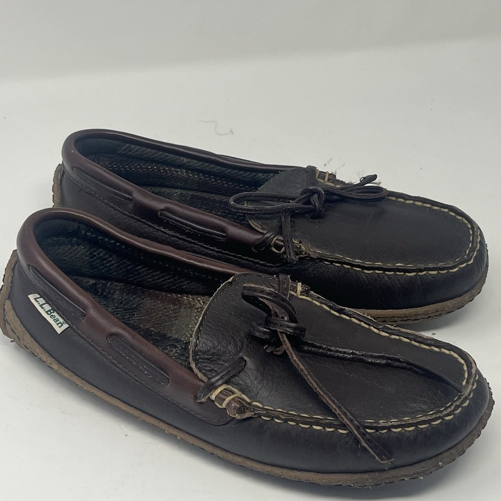 L.L.Bean Handsewn‎ Flannel-Lined Women's Sz 5 Brown Leather Slippers Moccasin